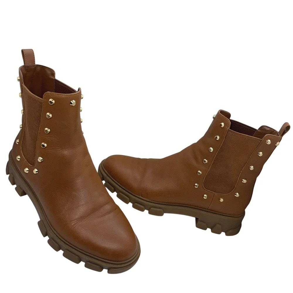 Michael Kors‎ Ridley Gore Bootie Leather Studded Luggage Tan Chelsea Boot size 8